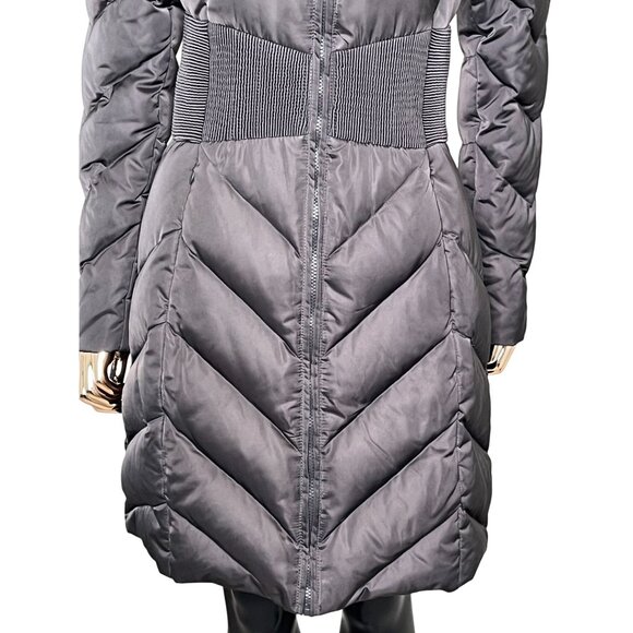 T Tahari Down Puffer Coat Taupe Brown XS, Long Quilted Winter Jacket High Neck - Picture 7 of 13